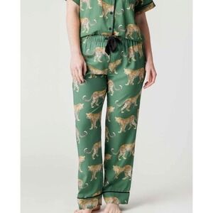 Katie‎ Kime Cheetah Woven pajama pants bottoms M green classic casual comfy